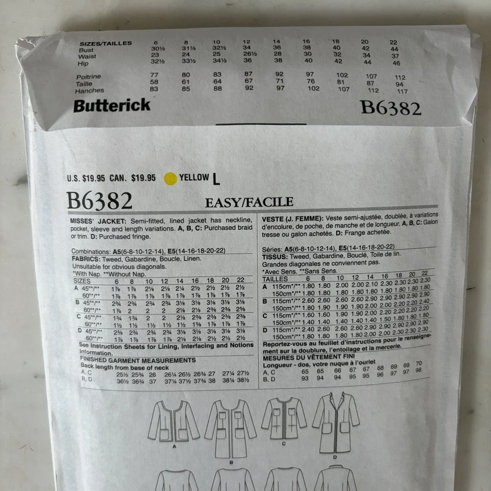 BUTTERICK 6382 - SEMI-FITTED LINED JACKET SIZE 14, 16, 18, 20 & 22 Uncut FF